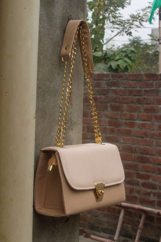 Cream Stylish Hand Bag With Top Handle And Long Strap Safety Pocket Bag