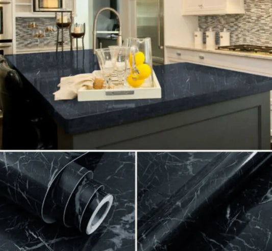Self Adhesive Black Marble Sheet For Kitchen / Waterproof Anti Oil & Heat Resistant Wallpaper Sheet (black)size 60×200cm